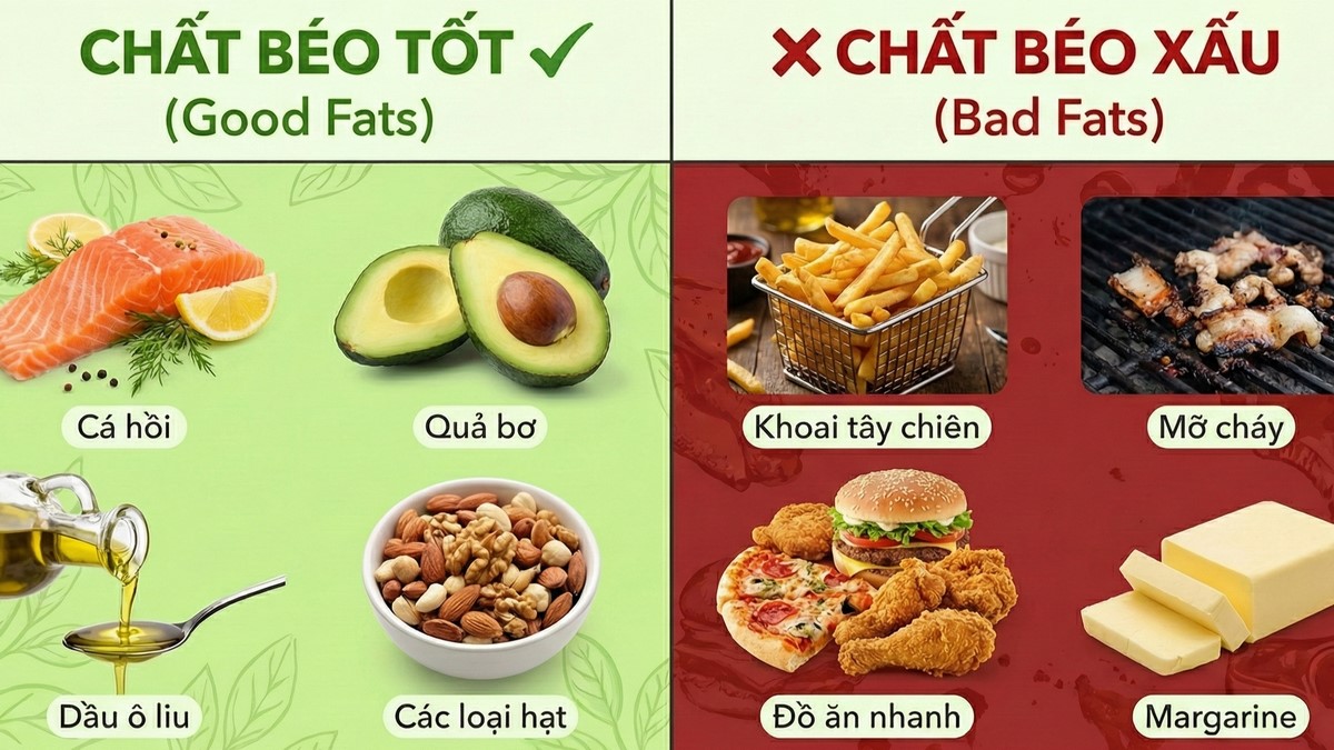Các loại thực phẩm chứa chất béo tốt và xấu.