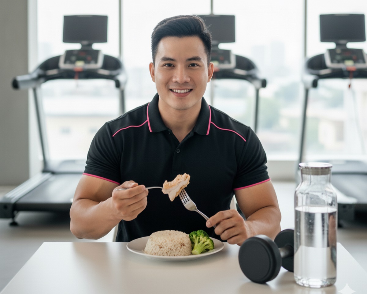 PT Dáng Việt ăn cơm trắng để phục hồi cơ bắp sau khi tập tạ