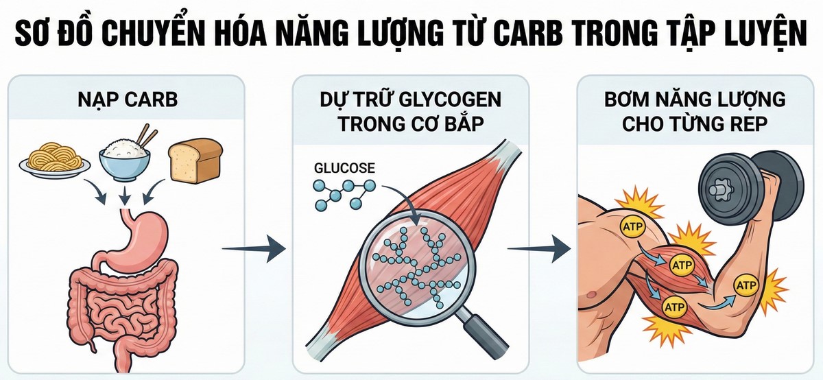 Glycogen dự trữ trong cơ bắp.