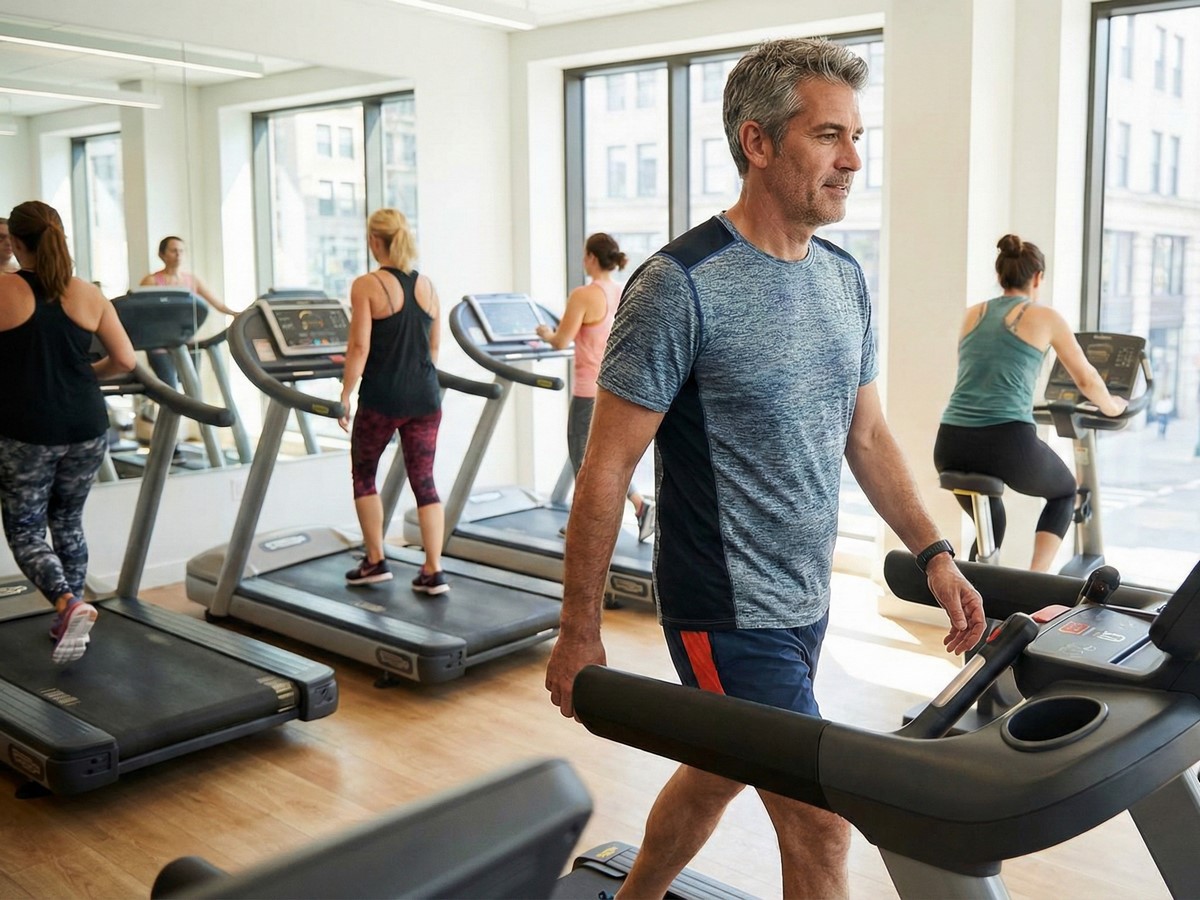 Người lớn tuổi tập đi bộ và đạp xe tại phòng gym.
