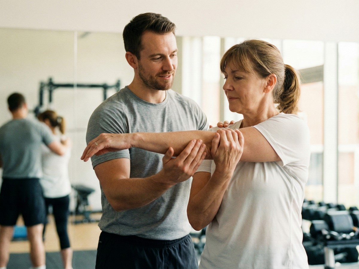 PT hướng dẫn tập gym cho người trung niên an toàn.
