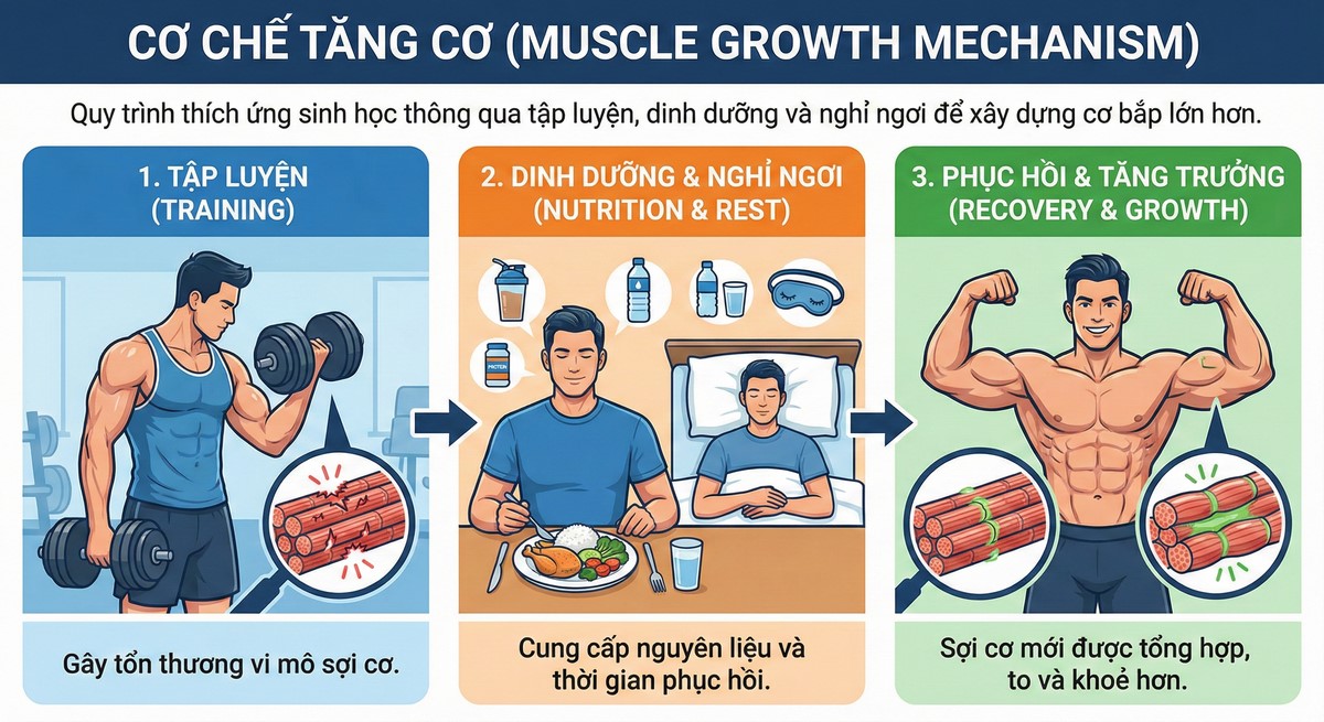 Cơ chế phát triển cơ bắp hypertrophy.