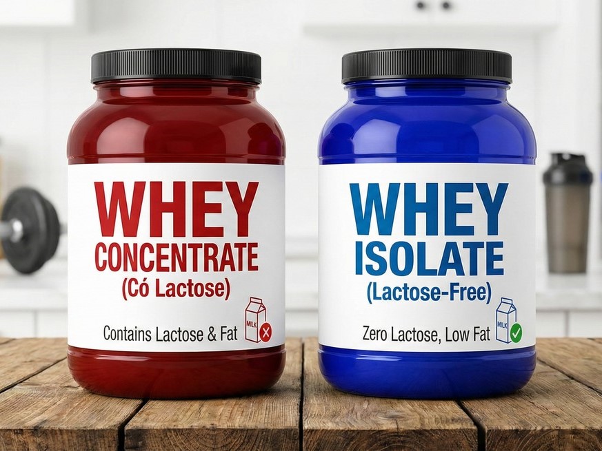 So sánh Whey Concentrate chứa lactose và Whey Isolate không chứa lactose