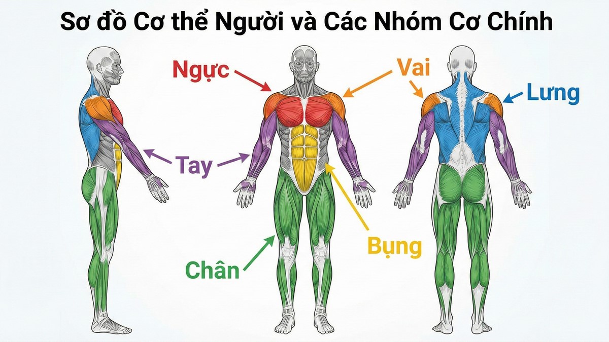 Các nhóm cơ chính trên cơ thể nam và nữ.