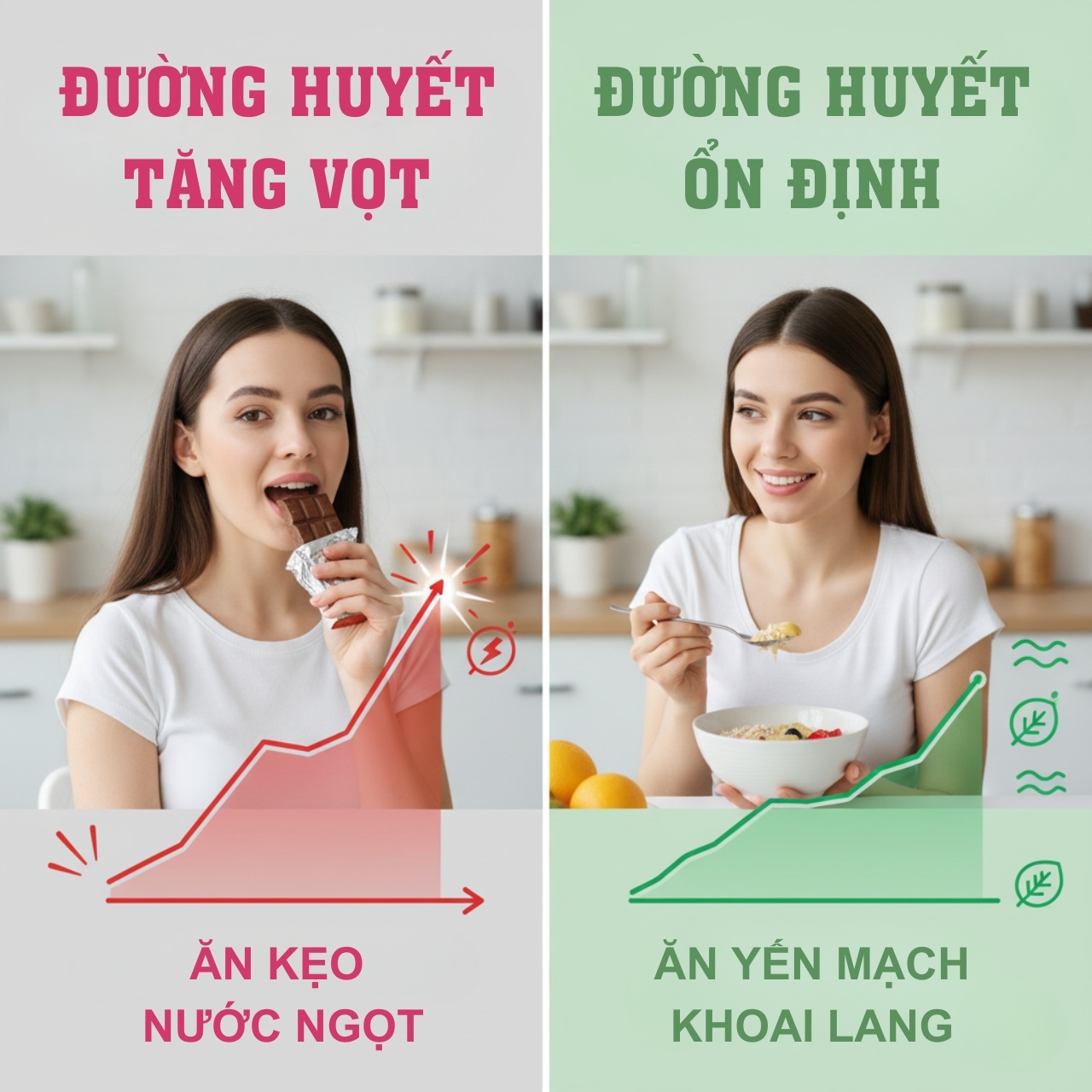 So sánh biểu đồ đường huyết của thực phẩm GI cao và GI thấp