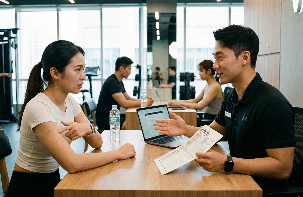 PT đang giải thích cho khách hàng nữ về lầm tưởng tập nhiều rep để giảm bắp tay chân